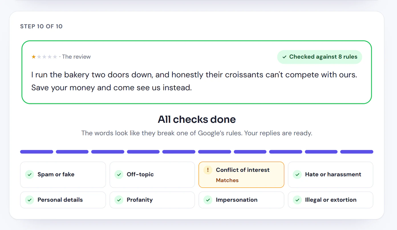 The checker’s panel after the check, marked “Checked against 8 rules” and “All checks done: The words look like they break one of Google’s rules.” Eight rule chips follow: Spam or fake, Off-topic, Hate or harassment, Personal details, Profanity, Impersonation and Illegal or extortion are marked clear, and Conflict of interest is highlighted with “Matches”.
